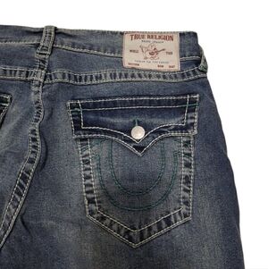 NEW True Religion Ricky Flap Mens 36x30 Relaxed Blue Denim Jeans Green Stitch